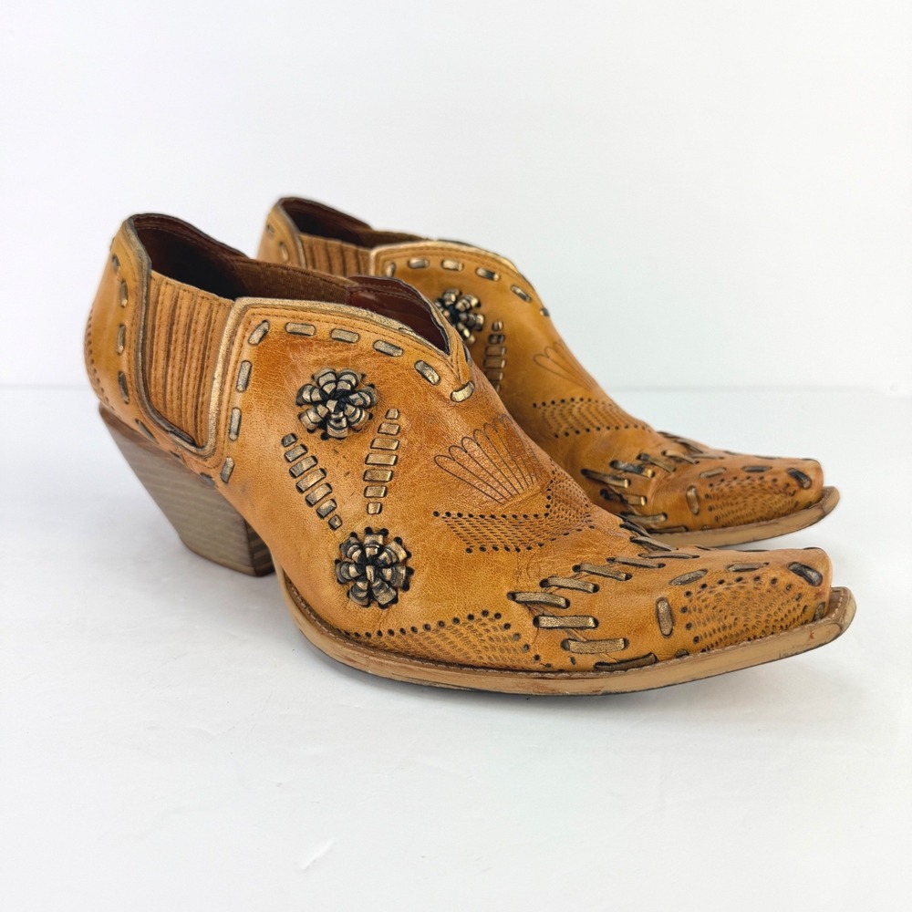 BCBGirls Women 6 Leather Western Ankle Booties Whipstitch Floral Studs Snip Toe